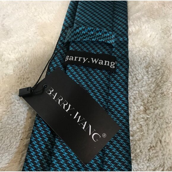 Barry Wang Mens Luxury Tie 100% Silk Handtailored Blue & Black Houndstooth - Picture 5 of 7